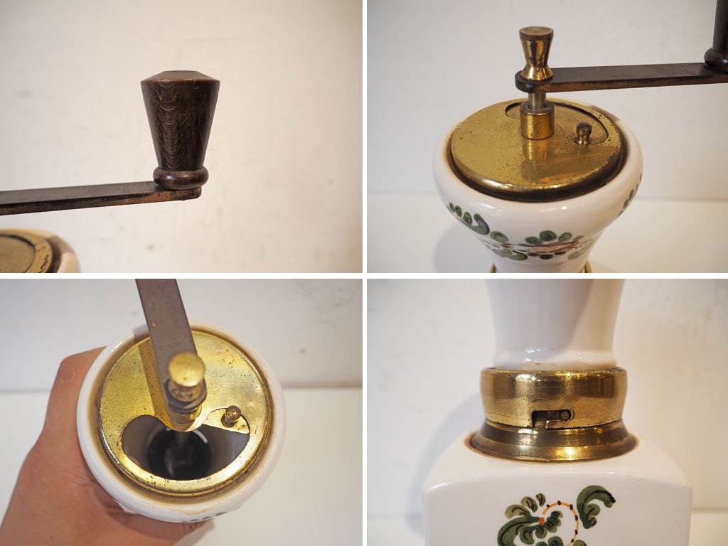 イタリア製 made in italy コーヒーミル 陶器 真鍮 木製ハンドル 手挽き 手動式 花柄 ヴィンテージ ★