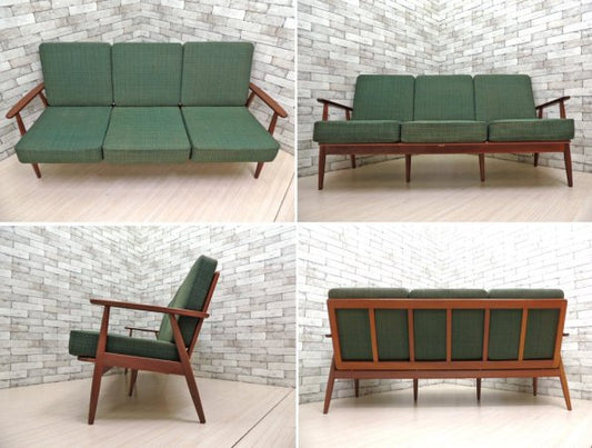 デンマークビンテージ Danish vintage チーク無垢材 3人掛ソファ ファブリック スプリングクッション 北欧  現状品 ●