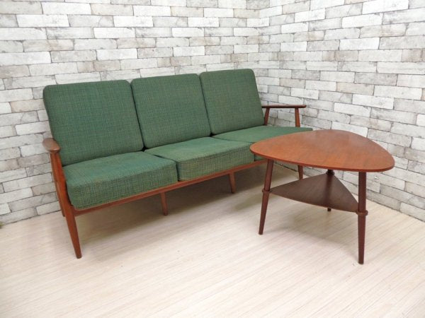 デンマークビンテージ Danish vintage チーク無垢材 3人掛ソファ ファブリック スプリングクッション 北欧  現状品 ●