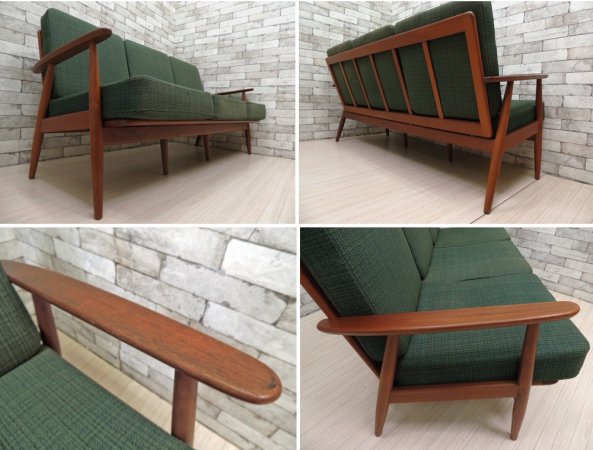 デンマークビンテージ Danish vintage チーク無垢材 3人掛ソファ ファブリック スプリングクッション 北欧  現状品 ●