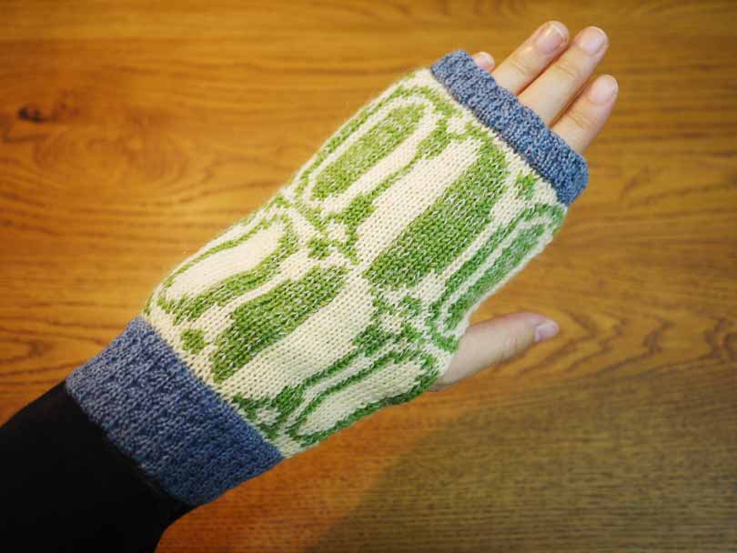 紀編物製作 ハンドメイド ニット編み工房 指だしグローブ 楕円 緑 新品 ●