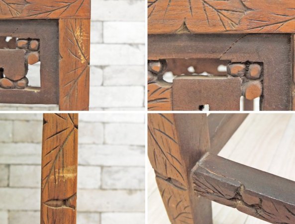 アジアンスタイル Asian Style 木彫りのサイドテーブル ガラス天板 ボタニカル アジアン家具 ●
