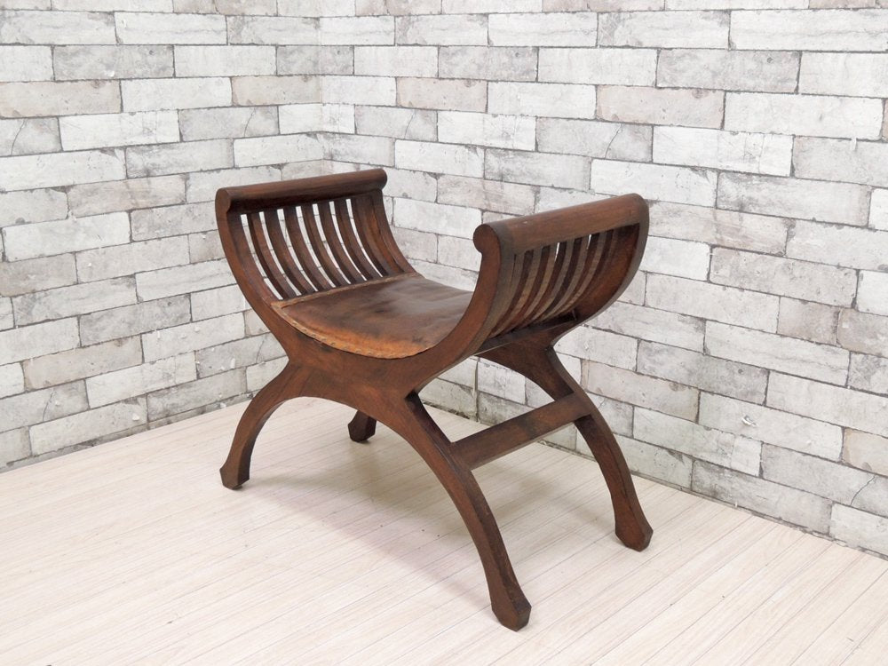 アジアン家具 カルティニチェア ベンチ レザー × アジアンチーク 一人掛け スツール ●