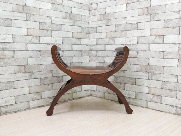 アジアン家具 カルティニチェア ベンチ レザー × アジアンチーク 一人掛け スツール ●