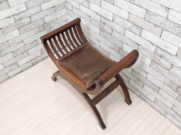 アジアン家具 カルティニチェア ベンチ レザー × アジアンチーク 一人掛け スツール ●