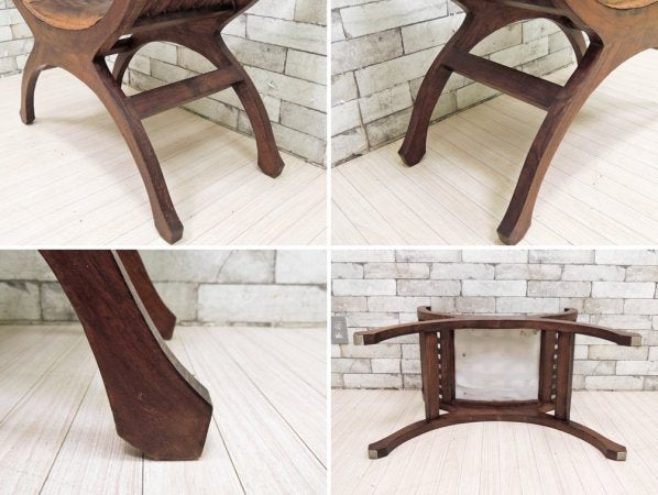 アジアン家具 カルティニチェア ベンチ レザー × アジアンチーク 一人掛け スツール ●