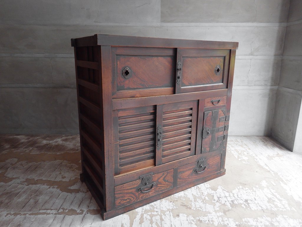 ジャパンビンテージ Japan vintage 帳場箪笥 和箪笥 チェスト 3段 隠し収納 引き戸 抽斗5杯 ヒノキ 明治～大正 日本家具 ♪