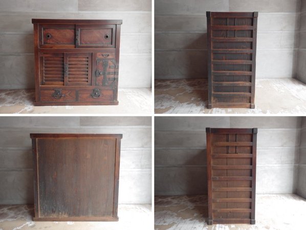 ジャパンビンテージ Japan vintage 帳場箪笥 和箪笥 チェスト 3段 隠し収納 引き戸 抽斗5杯 ヒノキ 明治～大正 日本家具 ♪