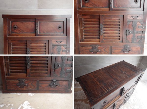 ジャパンビンテージ Japan vintage 帳場箪笥 和箪笥 チェスト 3段 隠し収納 引き戸 抽斗5杯 ヒノキ 明治～大正 日本家具 ♪