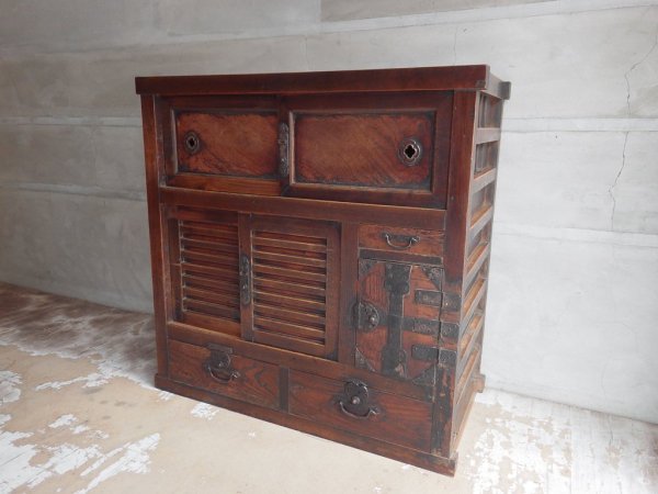 ジャパンビンテージ Japan vintage 帳場箪笥 和箪笥 チェスト 3段 隠し収納 引き戸 抽斗5杯 ヒノキ 明治～大正 日本家具 ♪