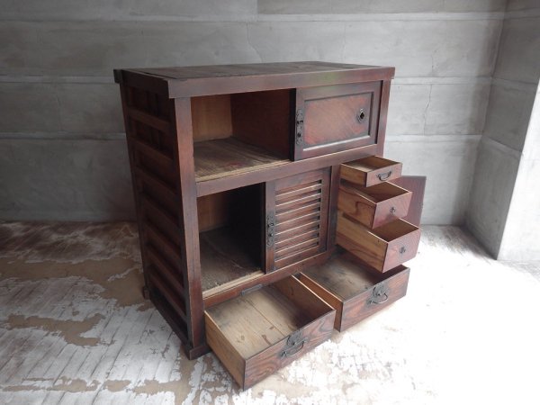 ジャパンビンテージ Japan vintage 帳場箪笥 和箪笥 チェスト 3段 隠し収納 引き戸 抽斗5杯 ヒノキ 明治～大正 日本家具 ♪