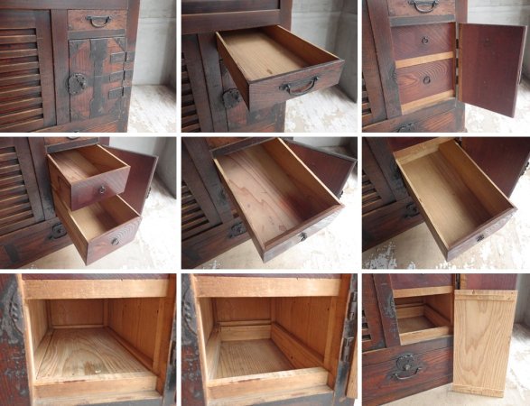 ジャパンビンテージ Japan vintage 帳場箪笥 和箪笥 チェスト 3段 隠し収納 引き戸 抽斗5杯 ヒノキ 明治～大正 日本家具 ♪