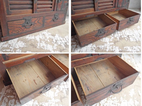 ジャパンビンテージ Japan vintage 帳場箪笥 和箪笥 チェスト 3段 隠し収納 引き戸 抽斗5杯 ヒノキ 明治～大正 日本家具 ♪