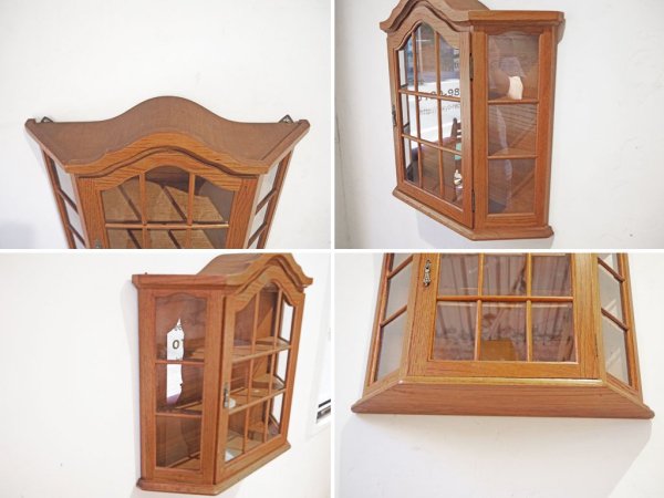 ビンテージ ウォールラック キュリオケース ナラ材 スパイスラック 壁掛け 飾り棚 ガラス 3段 ハンドル ★