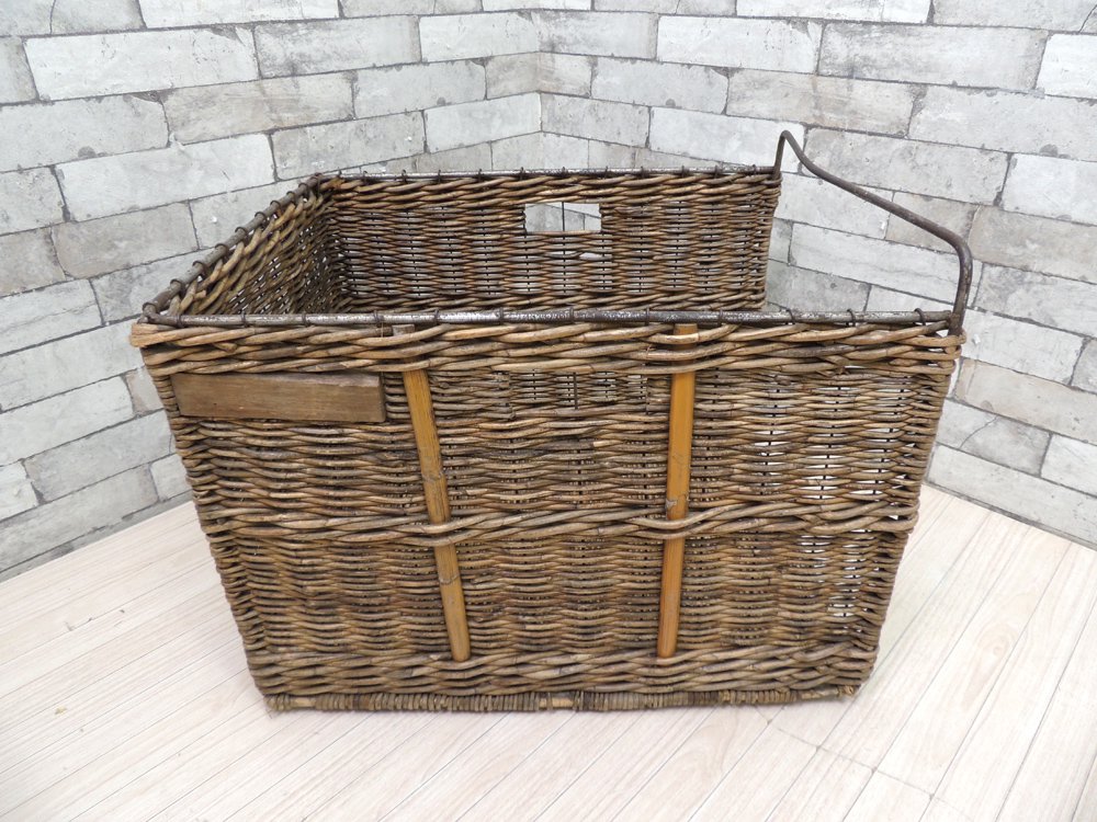 フランスビンテージ French vintage ラタン×アイアン 編み籠 野菜かご ストッカー 店舗什器 ●