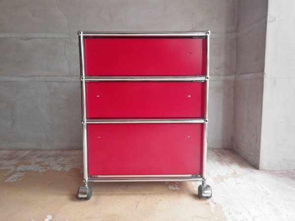ユーエスエムハラー USM Haller モジュラーファニチャー Modular Furniture ハラーシステム ロールボーイ ワゴン デスクキャビネット 3段 ルビーレッド 鍵付♪