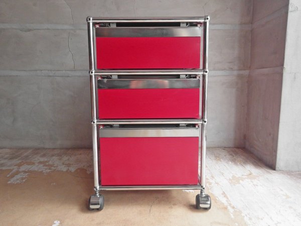 ユーエスエムハラー USM Haller モジュラーファニチャー Modular Furniture ハラーシステム ロールボーイ ワゴン デスクキャビネット 3段 ルビーレッド 鍵付♪