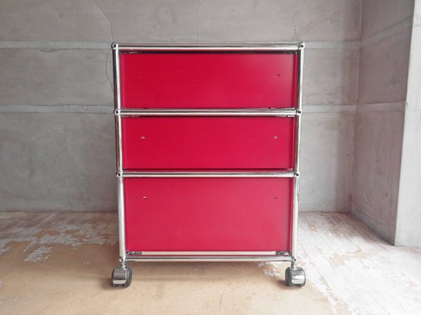 ユーエスエムハラー USM Haller モジュラーファニチャー Modular Furniture ハラーシステム ロールボーイ ワゴン デスクキャビネット 3段 ルビーレッド 鍵付♪
