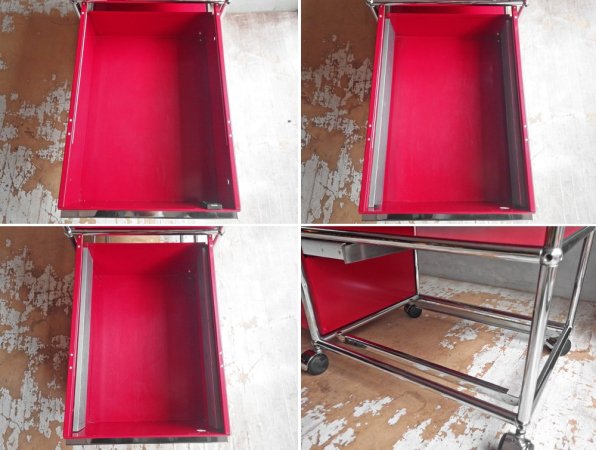 ユーエスエムハラー USM Haller モジュラーファニチャー Modular Furniture ハラーシステム ロールボーイ ワゴン デスクキャビネット 3段 ルビーレッド 鍵付♪