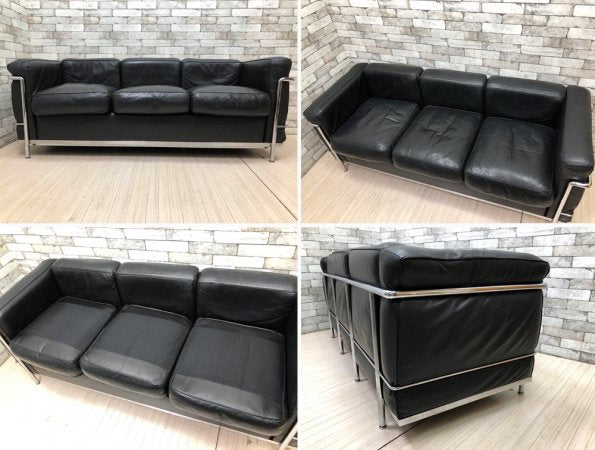 カッシーナ Cassina LC2 ソファ 3シーター ポリエステルパッディング仕様 ル・コルビュジェ グランコンフォール ブラック×クローム MoMA永久所蔵品 現行定価167.2万円 ●