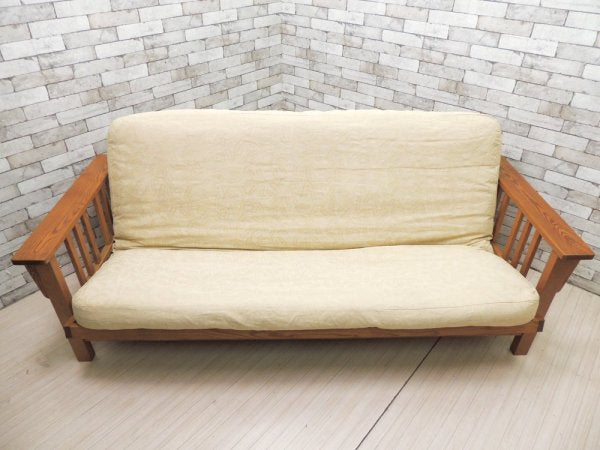 エルエルビーン L.L. Bean ミッションフートン Mission Futon ソファベッド 3人掛けソファ リーフ柄ファブリック オフホワイト ウッドフレーム 米国 ●