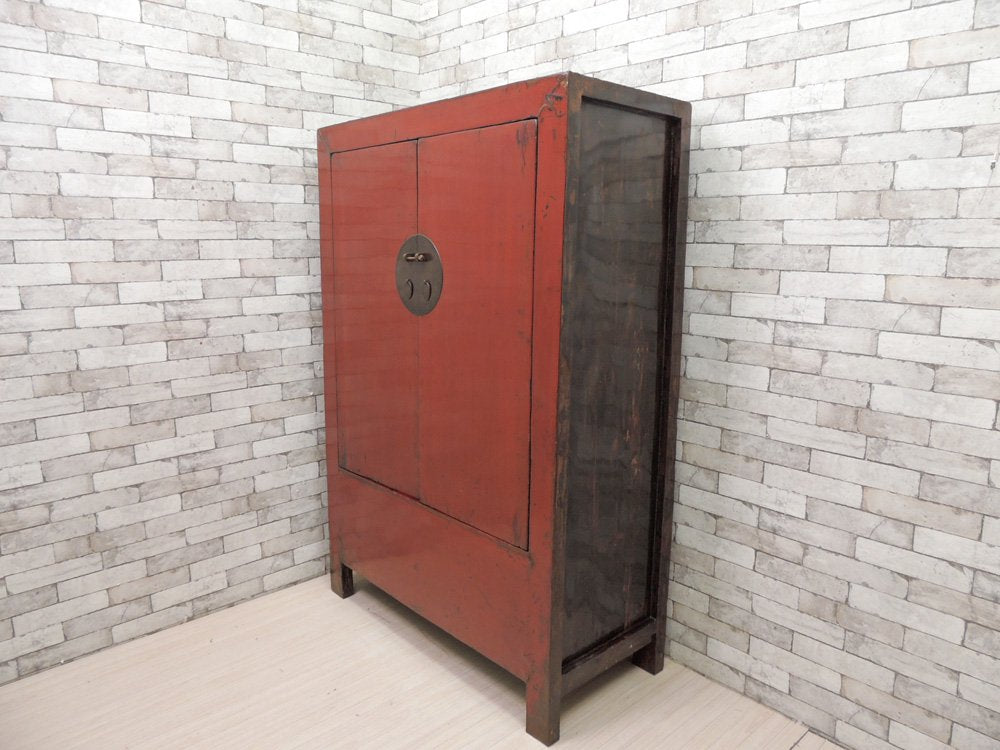 中国家具 漆塗り キャビネット 収納棚 大型 開き扉 朱色 3段 アジアンファニチャー Asian Furniture ビンテージ ●