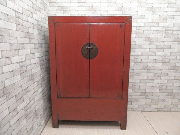 中国家具 漆塗り キャビネット 収納棚 大型 開き扉 朱色 3段 アジアンファニチャー Asian Furniture ビンテージ ●