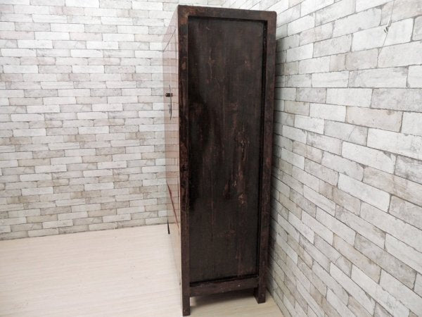 中国家具 漆塗り キャビネット 収納棚 大型 開き扉 朱色 3段 アジアンファニチャー Asian Furniture ビンテージ ●