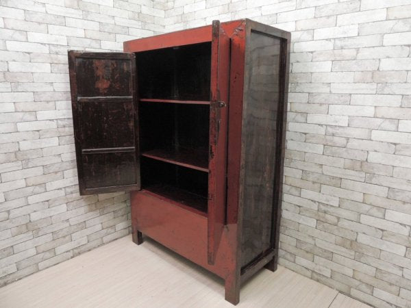 中国家具 漆塗り キャビネット 収納棚 大型 開き扉 朱色 3段 アジアンファニチャー Asian Furniture ビンテージ ●