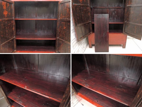 中国家具 漆塗り キャビネット 収納棚 大型 開き扉 朱色 3段 アジアンファニチャー Asian Furniture ビンテージ ●