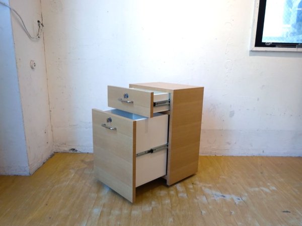 ナチュラル モダン デスク ワゴン キャビネット Desk wagon 2ドロワー 鍵 キャスター付 バンブー 竹 突板 ★