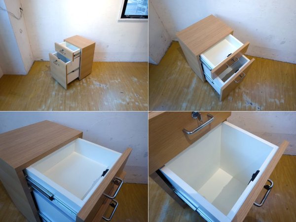 ナチュラル モダン デスク ワゴン キャビネット Desk wagon 2ドロワー 鍵 キャスター付 バンブー 竹 突板 ★