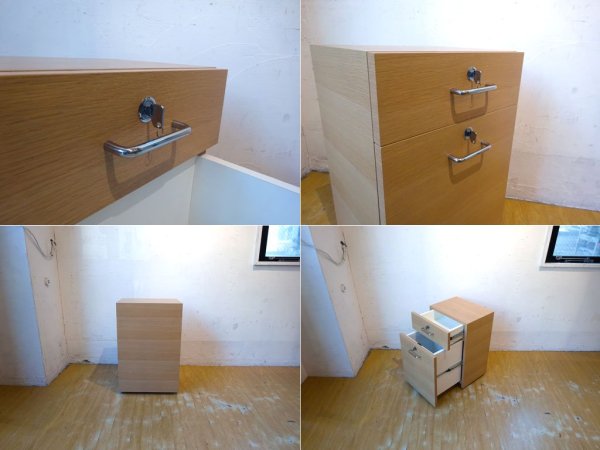 ナチュラル モダン デスク ワゴン キャビネット Desk wagon 2ドロワー 鍵 キャスター付 バンブー 竹 突板 ★