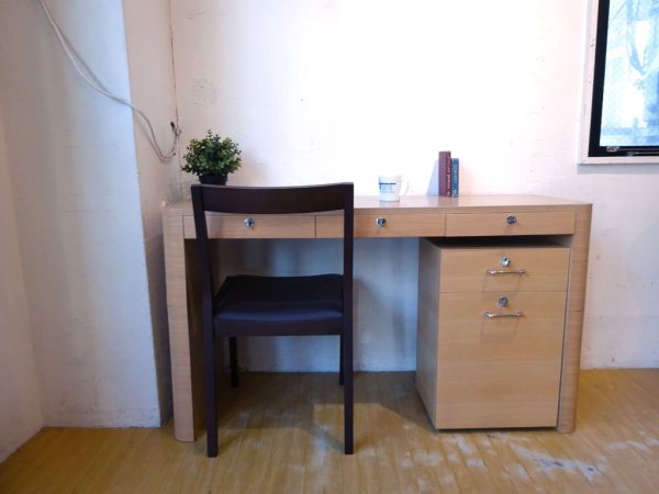 ナチュラル モダン デスク ワゴン キャビネット Desk wagon 2ドロワー 鍵 キャスター付 バンブー 竹 突板 ★