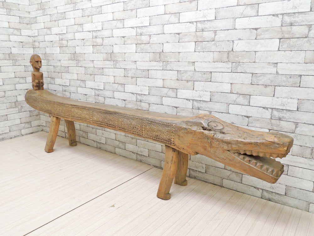 アジアン家具 無垢材 木彫り ワニ ベンチ ディスプレイ台 プリミティブ 民族 W260cm ●