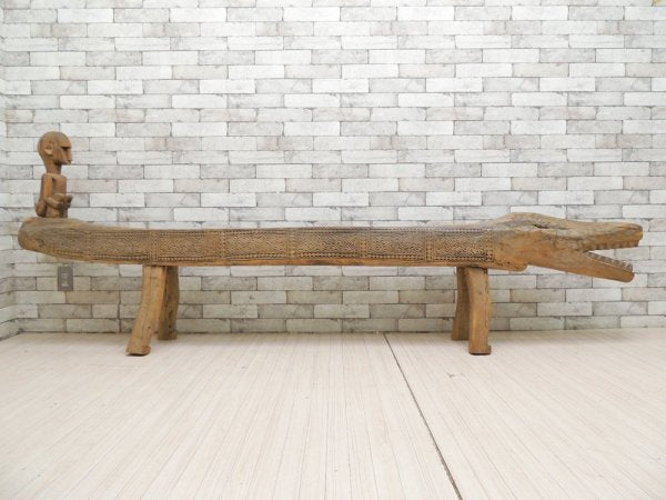 アジアン家具 無垢材 木彫り ワニ ベンチ ディスプレイ台 プリミティブ 民族 W260cm ●