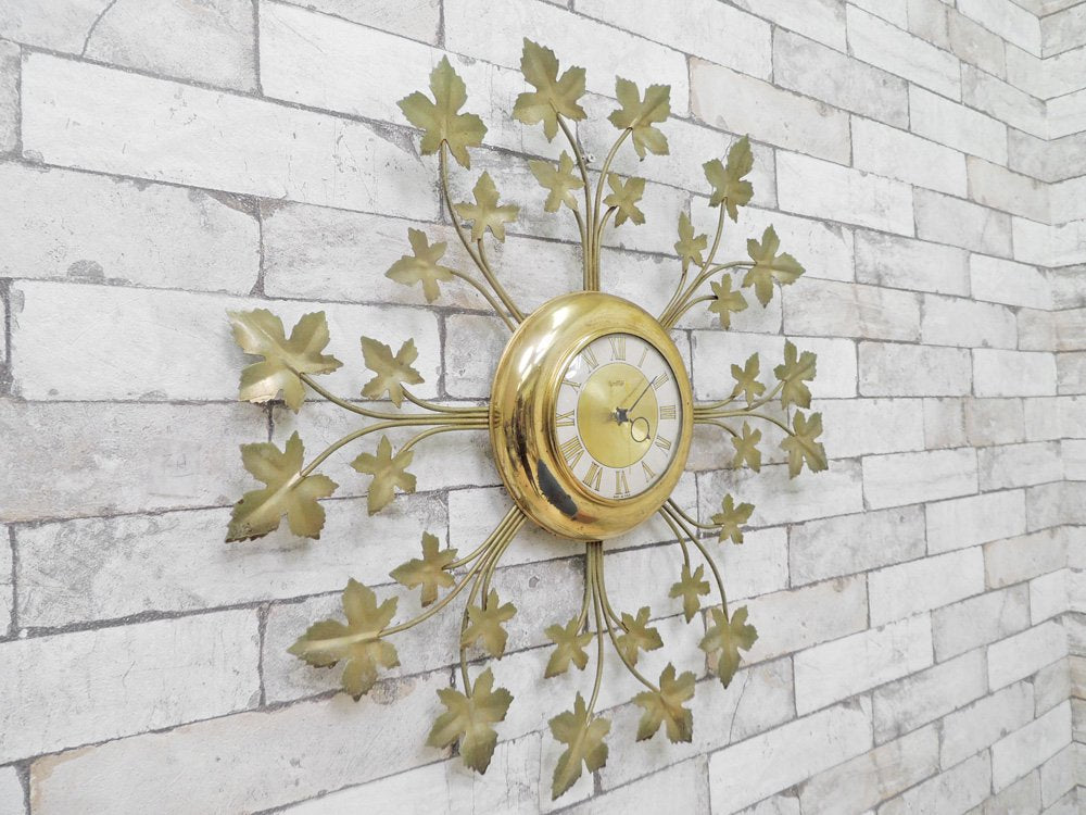 USビンテージ ユナイテッド社製 UNITED リーフモチーフ 壁掛け 時計 ウォールクロック ゴールドメタル 1960年代 ●