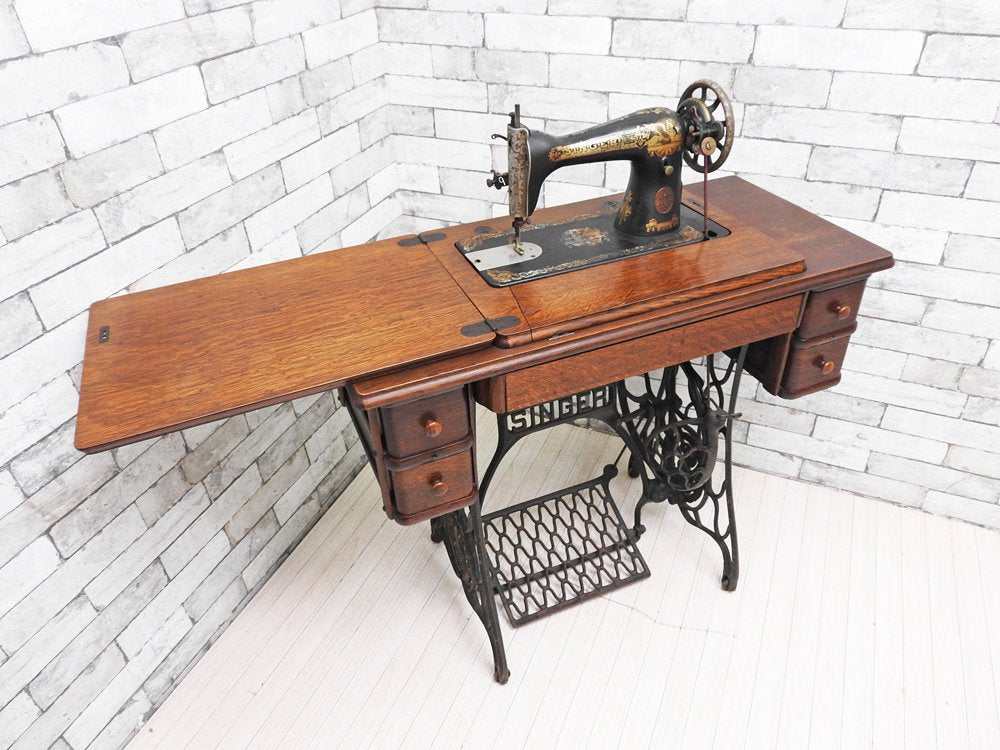 シンガー SINGER 足踏みミシン Sewing Machine 15K ミシンテーブル 鉄脚 車輪付 抽斗4杯 1926年～ ビンテージ スコットランド製 ジャンク品 ●