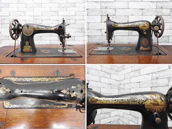 シンガー SINGER 足踏みミシン Sewing Machine 15K ミシンテーブル 鉄脚 車輪付 抽斗4杯 1926年～ ビンテージ スコットランド製 ジャンク品 ●