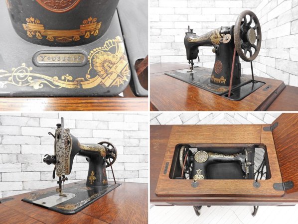 シンガー SINGER 足踏みミシン Sewing Machine 15K ミシンテーブル 鉄脚 車輪付 抽斗4杯 1926年～ ビンテージ スコットランド製 ジャンク品 ●