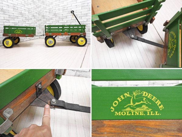 ジョンディア JOHN DEERE 木製カート ステークワゴン Stake Wagon 2連 インダストリアル アクメ取扱 USビンテージ ガーデニング 子供玩具 ●