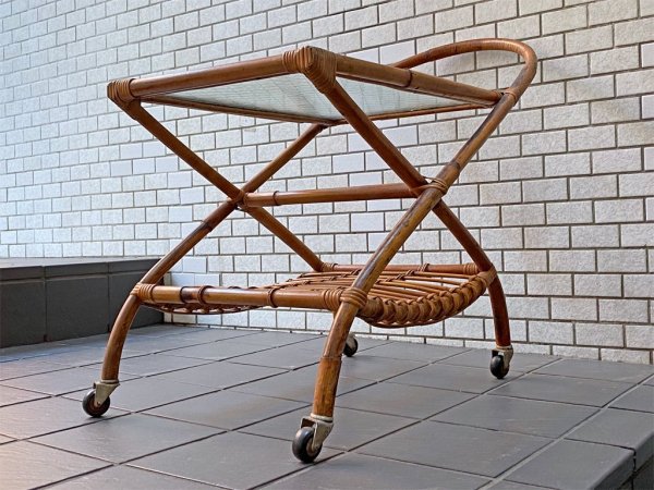 フランスビンテージ サービスワゴン トロリーワゴン ラタン ワイヤーガラス天板 アッシュペーフランス取扱い ■