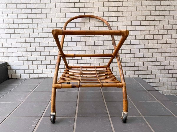 フランスビンテージ サービスワゴン トロリーワゴン ラタン ワイヤーガラス天板 アッシュペーフランス取扱い ■