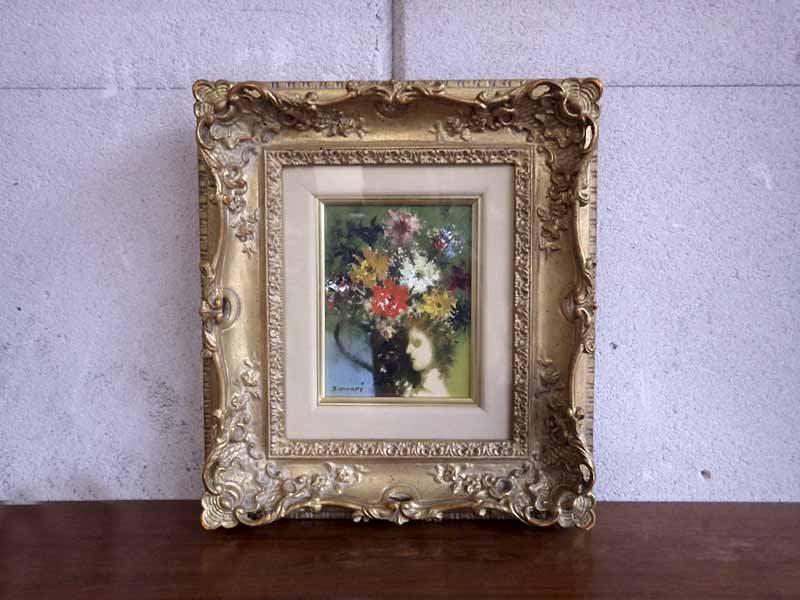 大森朔衛 おおもりさくえ 油彩画 油絵 花 希少人気モチーフ&サイン入り 豪華金彩額装 Ｆ0サイズ 画廊元箱有 ●