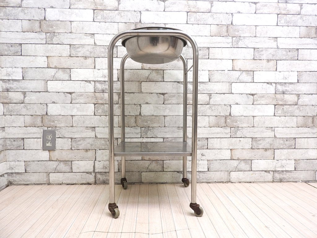 ビンテージ ステンレス 手洗い台 洗面器スタンド インダストリアル ボウル付き キャスターあり 現状品 ●