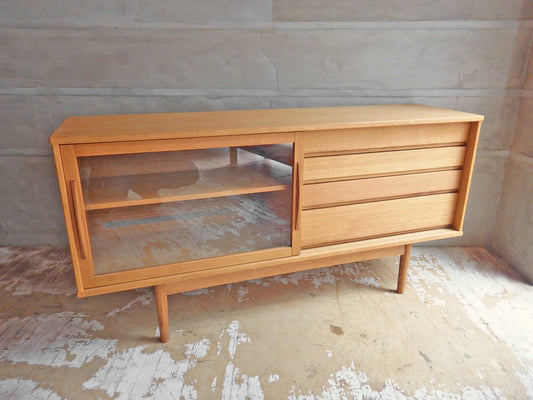 モモナチュラル Momo Natural ヴェント VENT サイドボード SIDEBOARD W150cm オーク材 ハイレッグ ガラス引戸 抽斗4杯 定価86,900円 ♪