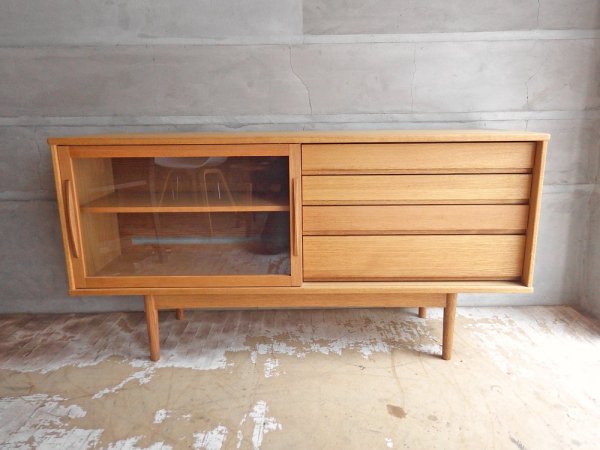 モモナチュラル Momo Natural ヴェント VENT サイドボード SIDEBOARD W150cm オーク材 ハイレッグ ガラス引戸 抽斗4杯 定価86,900円 ♪