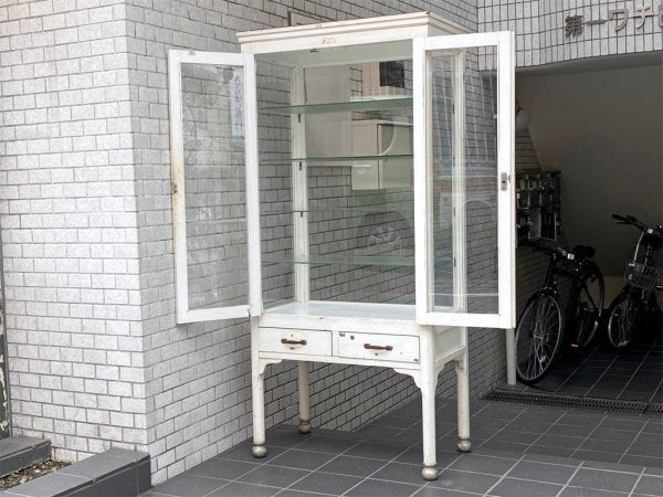 ビンテージ ドクターキャビネット ケビント ホワイト シャビーシック 医療棚 ディスプレイケース ４面ガラス ガラス棚板 ■