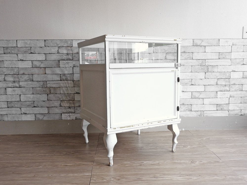 ヨーロピアンアンティークスタイル European Antique Style ガラスショーケース ディスプレイケース ホワイトペイント 猫脚 H88cm 店舗什器 シャビーシック ●