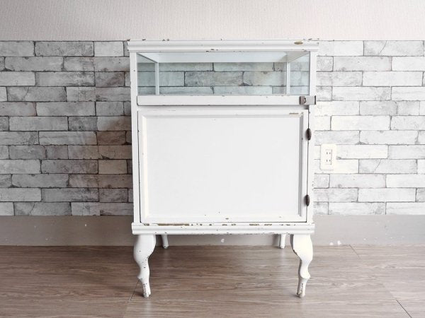 ヨーロピアンアンティークスタイル European Antique Style ガラスショーケース ディスプレイケース ホワイトペイント 猫脚 H88cm 店舗什器 シャビーシック ●